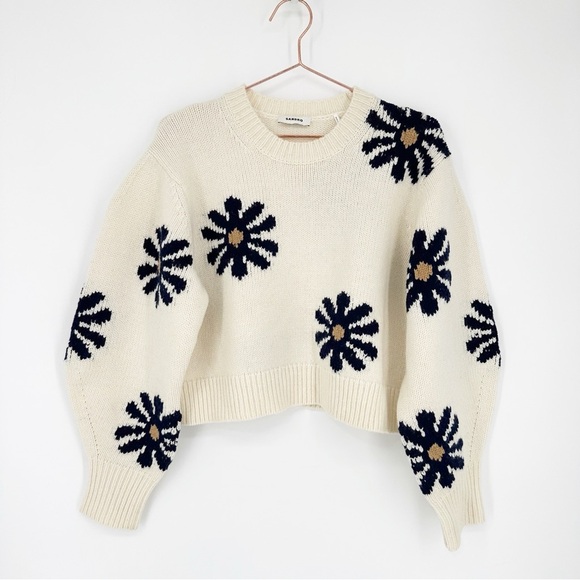Sandro Sweater Floral Jacquard Ivory Wool Cropped - Picture 2 of 8